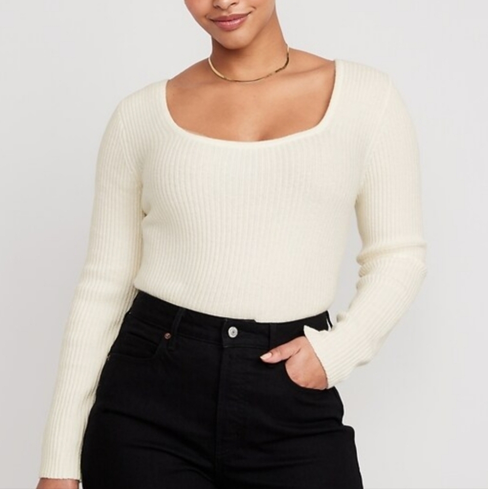 NWT Old Navy Cream cotton blend Fitted Cropped Square-Neck Rib-Knit Sweater